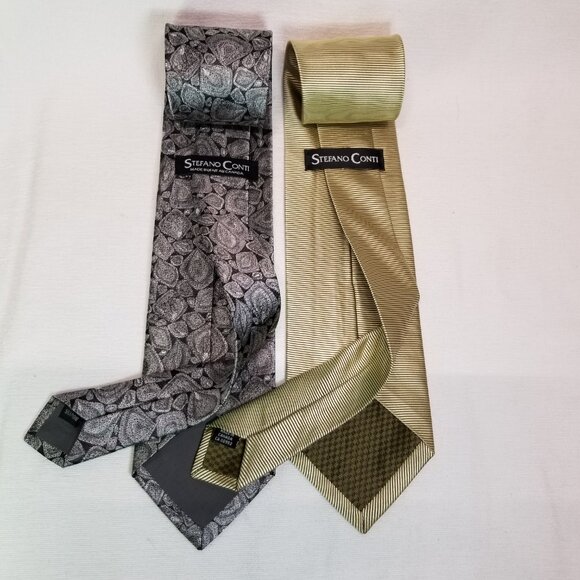 Stefano Conti Men's Ties 100% Silk Set of 2 Brand New Silver Gold Metallic - Picture 2 of 8